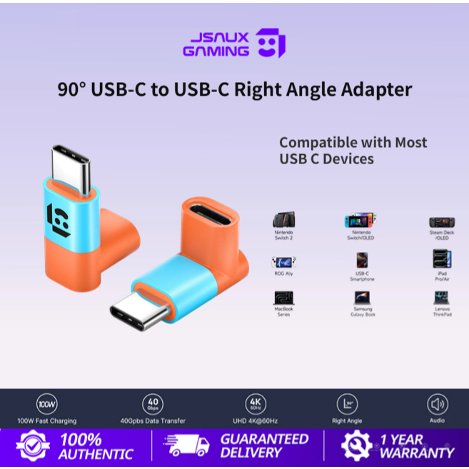 JSAUX 90° อะแดปเตอร์มุมขวา USB-C เป็น USB-C สําหรับ Nintendo Switch 2 (2025), ROG Ally, ROG Xbox Ally,ROG Xbox Ally X,Steam Deck, Switch, MacBook Pro, Surface Book 2-DD0008