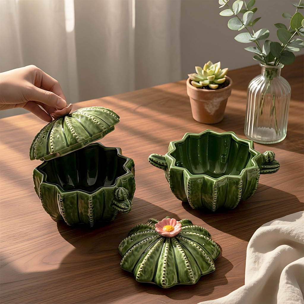 HongDian หม้อเซรามิก ceramic pot ความจุ 900 มล. ดีไซน์ทรงกระบองเพชร มีหูจับ ป้องกันความชื้น ฝุ่น และกันลวก ใช้กับไมโครเวฟและเตาอบได้ bakeware สีเขียวสด สีไม่ซีดไม่ลอก วัสดุปลอดภัย ทนความร้อน เหมาะสำหรับใช้ในบ้าน หรือมอบเป็นของขวัญสุดน่ารัก
