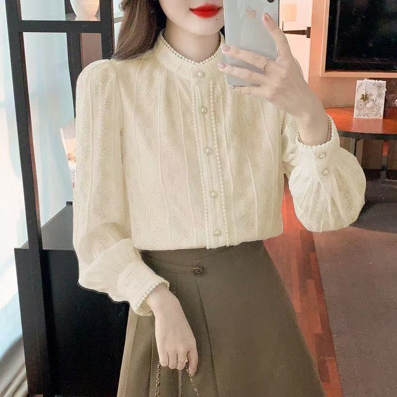 เสื้อลูกไม้สไตล์เกาหลี แบบหลวม คอสูง แขนยาวสำหรับผู้หญิง รูปที่ 7