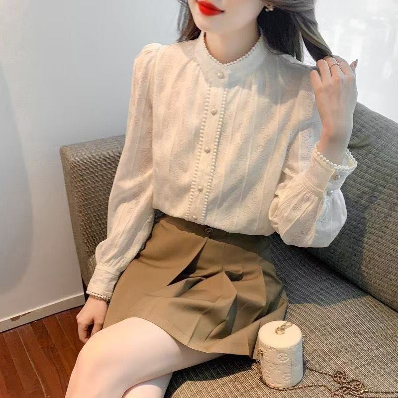 เสื้อลูกไม้สไตล์เกาหลี แบบหลวม คอสูง แขนยาวสำหรับผู้หญิง รูปที่ 2
