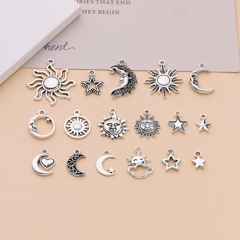 จี้โลหะผสม Sun Moon และดาวห้าแฉก 10 ชิ้น สําหรับทำสร้อยคอและสร้อยข้อมือ DIY