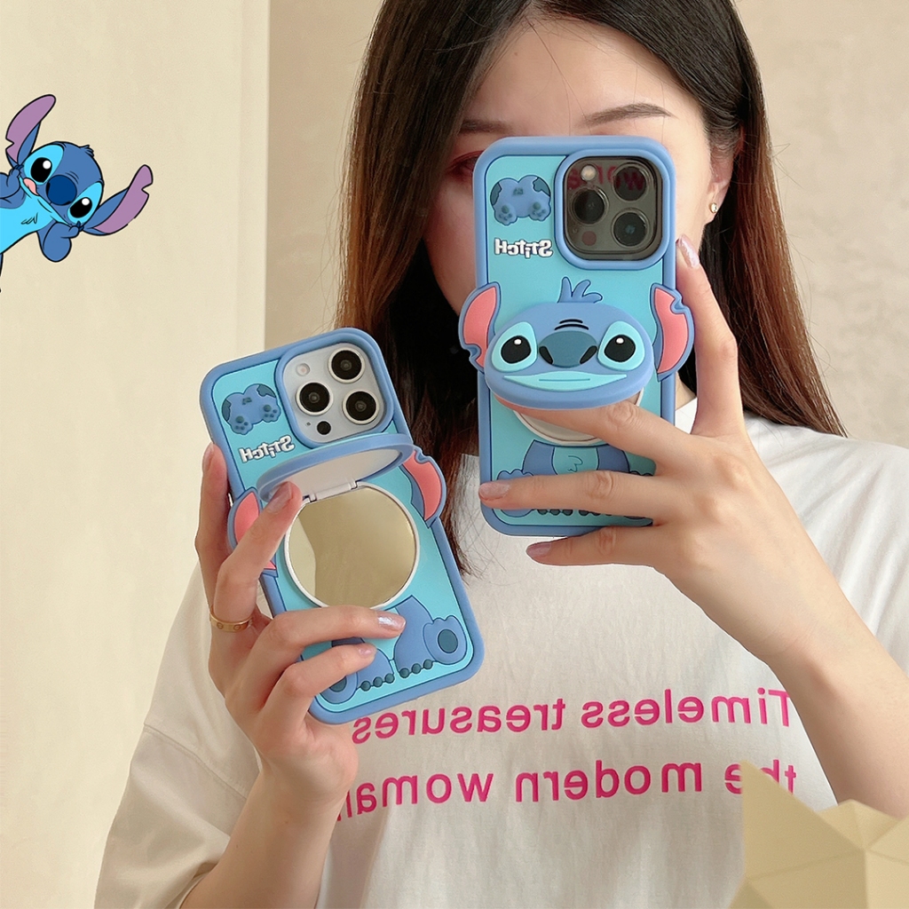 Stitch iPhone 17 Air 16 15Pro 16 Pro Max 11 12 12Pro 12 Pro Max 13 13Pro 13 Pro Max 14 14Pro Max เคสโทรศัพท์น่ารักนุ่มกันกระแทกขาตั้งด้านหลังปลอกพร้อมกระจก