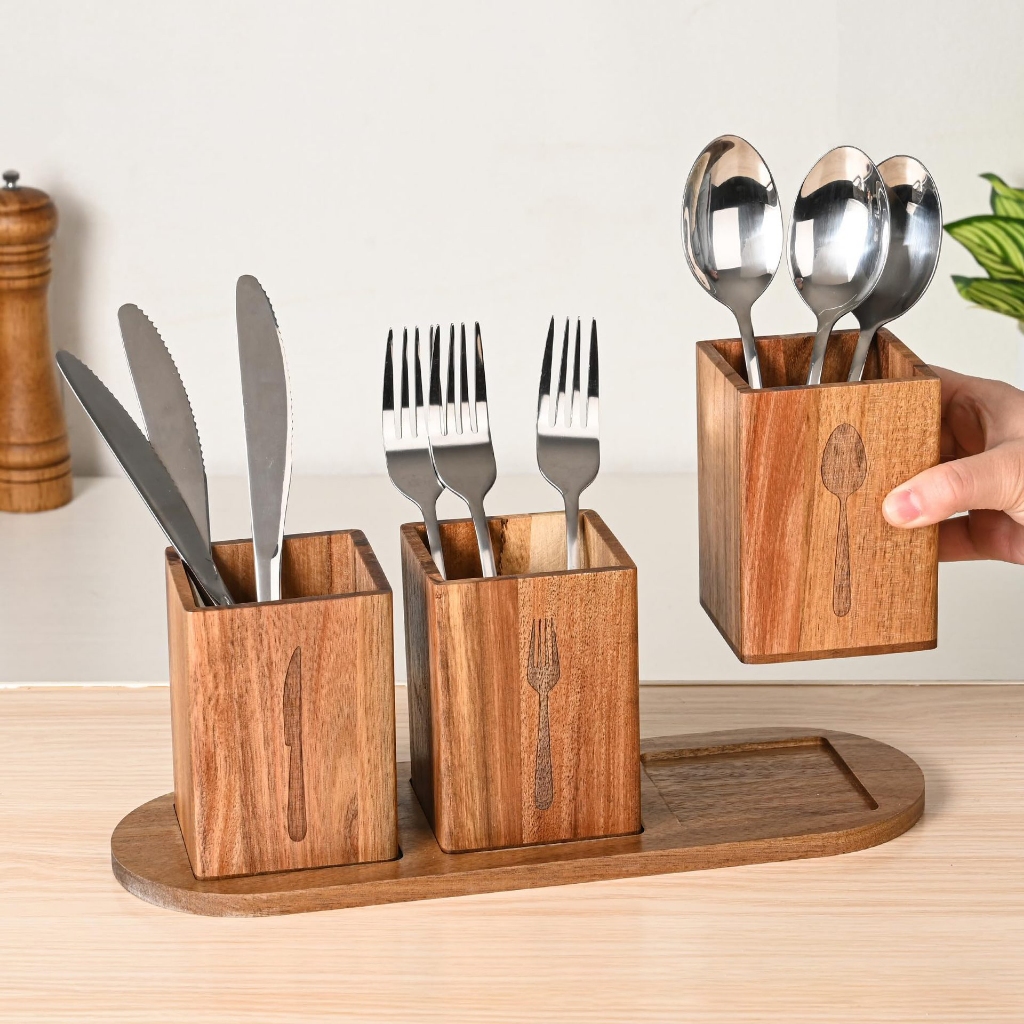 Wood Utensil Holder, Wooden Silverware Holder Countertop Utensil Organizer Silverware Organizer with