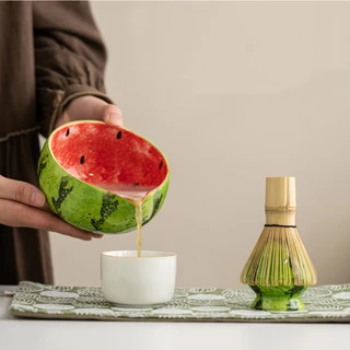 [8 ชิ้น] Matcha Whisk Set - ชามเซรามิกทรงกลมแตงโม(Cwan),ไม้ไผ่ - ชุดงานฝีมือเครื่องดื่มลาเต้ชาญี่ปุ่นแบบดั้งเดิม