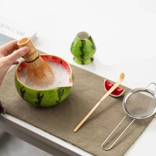 [8 ชิ้น] Matcha Whisk Set - ชามเซรามิกทรงกลมแตงโม(Cwan),ไม้ไผ่ - ชุดงานฝีมือเครื่องดื่มลาเต้ชาญี่ปุ่นแบบดั้งเดิม