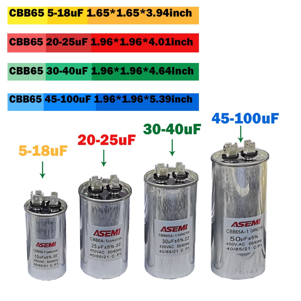 CBB65 450V AC Motor Run Capacitor สําหรับเครื่องปรับอากาศคอมเพรสเซอร์เริ่มต้นขนาดต่างๆ 5uF ถึง 100uF
