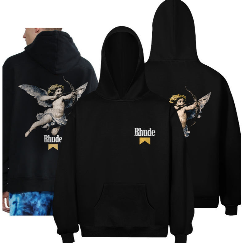 Rhude Angel Archer Hoodie niche Angel letter Streetwearสไตล์อเมริกันฤดูใบไม้ร่วงและฤดูหนาวหลวมอินเทร