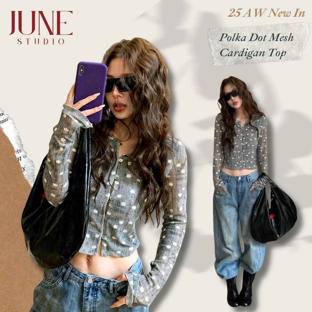 [June Studio] สเวตเตอร์แขนยาว พิมพ์ Polka Dot Retro Style กระชับท้อง ทรงเรียบร้อย