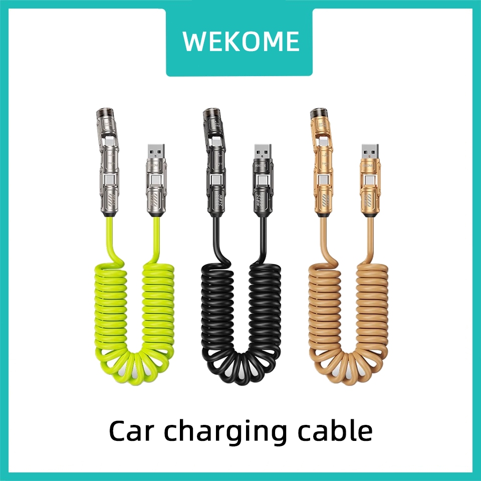 WEKOME สายชาร์จสปริงติดรถยนต์ สายเคเบิลข้อมูล USB to TypeC สายชาร์จในรถยนต์แบบชาร์จเร็วสี่ในหนึ่งเดี