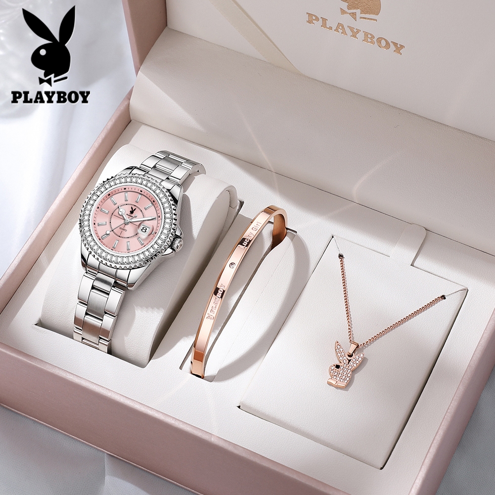 เพลย์บอย นาฬิกาสําหรับผู้หญิงที่สง่างามกันน้ําเดิมผู้หญิงที่สง่างามกุหลาบทองสุภาพสตรีนาฬิกาชุดออกแบบใหม่ส่องสว่าง
