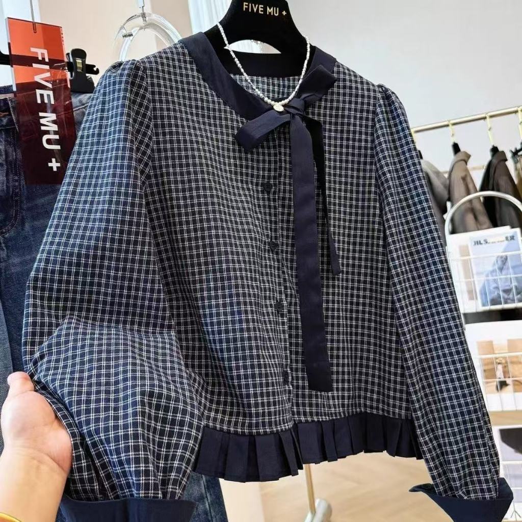 เสื้อแขนยาวสไตล์เกาหลีสำหรับผู้หญิง แบบวินเทจลายสก๊อต