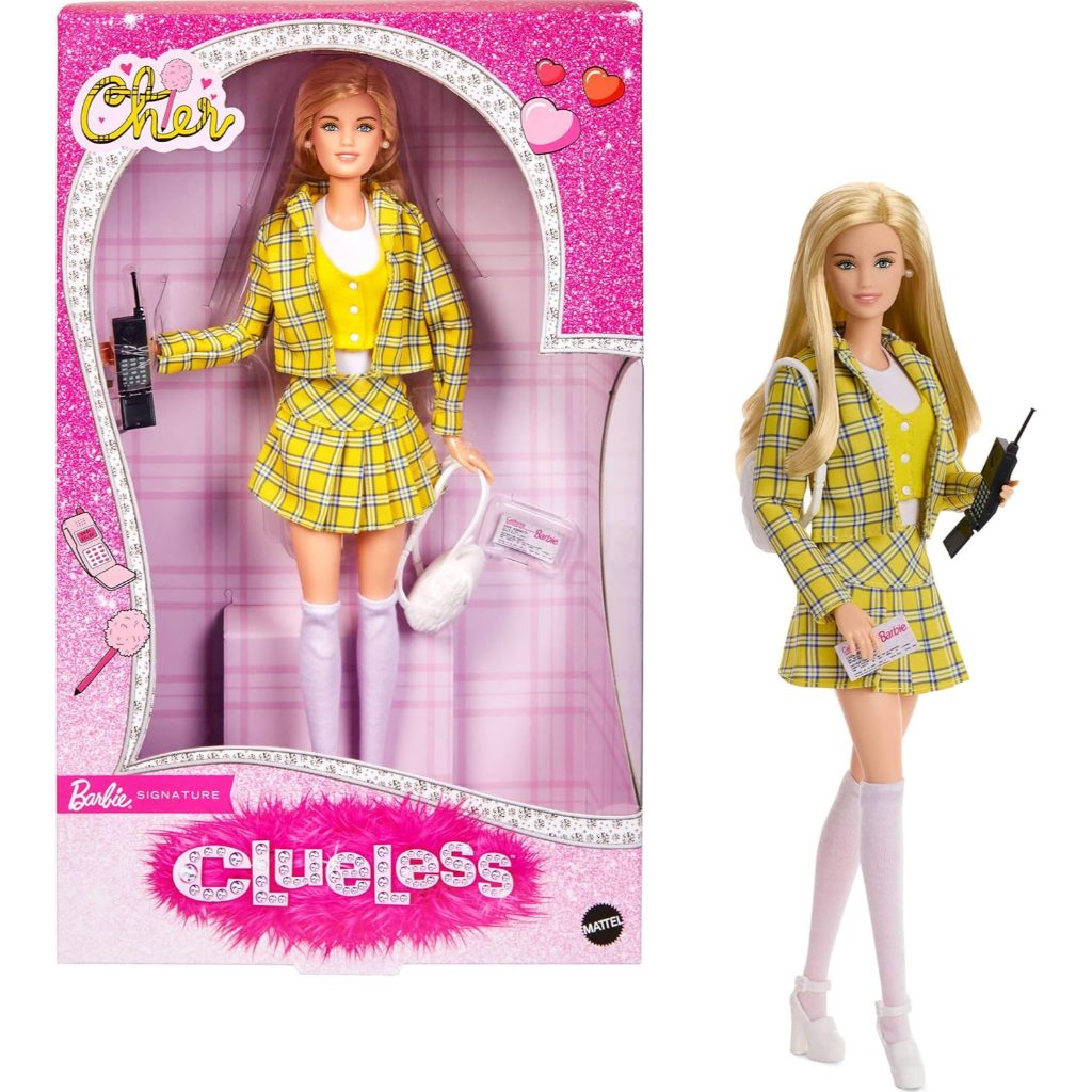Barbie Signature Doll, Clueless Cher Collectible in Yellow Plaid Suit with Backpack, Cell Phone, & L