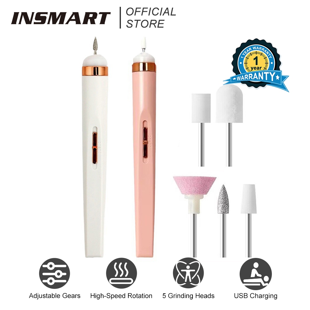 INSMART เครื่องขัดเล็บไฟฟ้า แบบมีไฟ ขัดและขจัดผิวที่ตายแล้ว ขัดเงาเล็บ เปลี่ยนหัวได้ ปรับความเร็ว