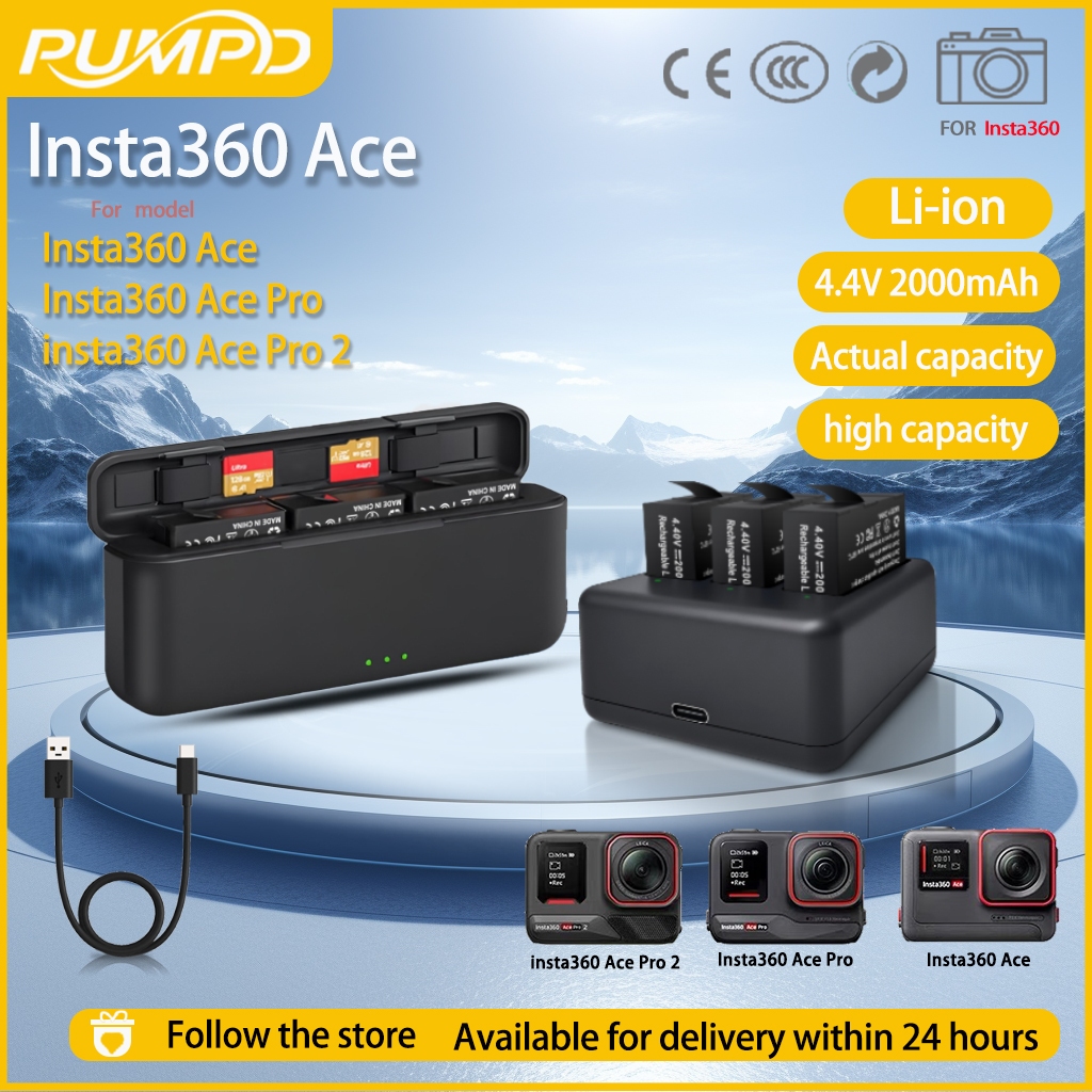 แบตเตอรี่ PUMPD Insta360 Ace Pro2 เหมาะสําหรับเครื่องชาร์จสามช่อง 360Ace Pro 360Ace