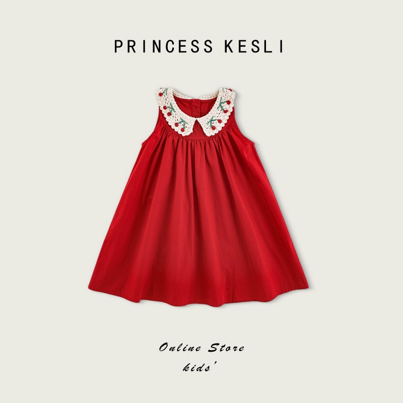 Princess Kesli ชุดเดรสเด็กผู้หญิง คอปกเชอร์รี่ ชุดเดรสแขนกุด ชุดเดรสวันเกิดเด็กหญิง สวมใส่สบาย 1-12 ปี