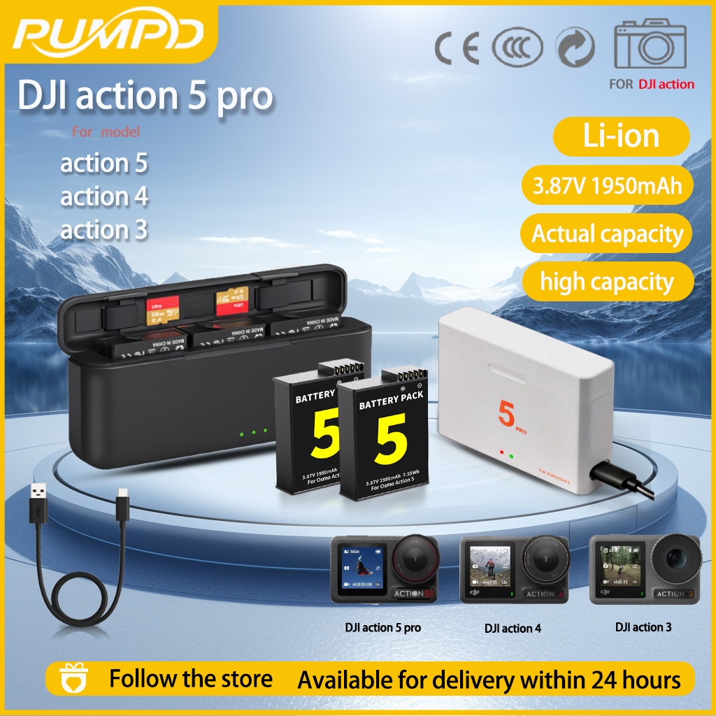 PUMPD แบตเตอรี่ DJI Action 5pro/4/3, กล้องกีฬา Osm360 เครื่องชาร์จสามช่อง
