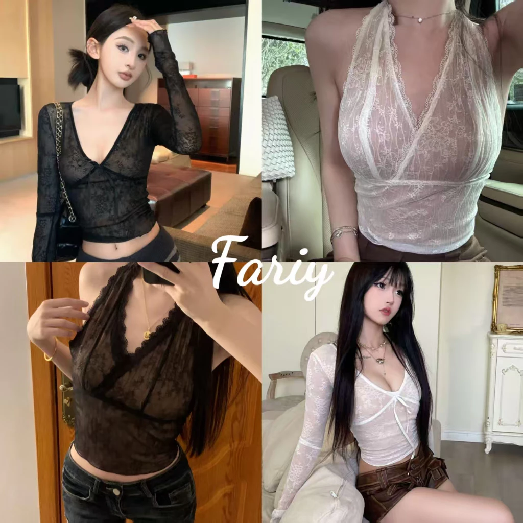 Fariy🍒คลังสินค้าพร้อม🍒 เสื้อยืดแขนยาวคอวีลูกไม้สุดเซ็กซี่สำหรับสาวหวานสุดฮอต ดีไซน์เรียบหรูดูมีระดับ ใส่โชว์หุ่นได้หลากหลาย