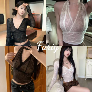 Fariy🍒คลังสินค้าพร้อม🍒 เสื้อยืดแขนยาวคอวีลูกไม้สุดเซ็กซี่สำหรับสาวหวานสุดฮอต ดีไซน์เรียบหรูดูมีระดับ ใส่โชว์หุ่นได้หลากหลาย