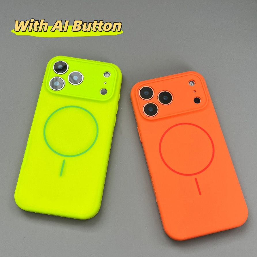 【With AI button/Silicone soft case/Orange】เคส compatible for iPhone 12 13 14 15 16 17 pro max case