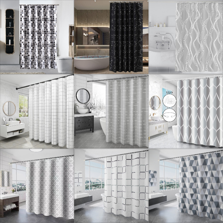 【จัดส่งในพื้นที่】180/200/220/240CM คุณภาพสูง ห้องน้ําม่านอาบน้ํากันน้ําสีดําสีขาวสีเทาสีฟ้าสีเบจสีน้ําตาลเรขาคณิตตาข่ายวงกลมสามเหลี่ยมหนาโพลีเอสเตอร์กันน้ําม่านอาบน้ํา+12ตะขอ