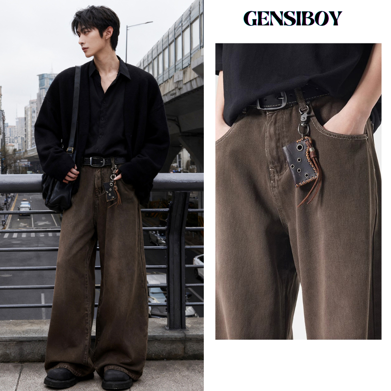 Gensiboy-กางเกงยีนส์ผู้ชาย สีน้ำตาล อเมริกันคลีนฟิต ผ้าคุณภาพดี ทรงขาใหญ่ยาว สไตล์แฟชั่นใหม่