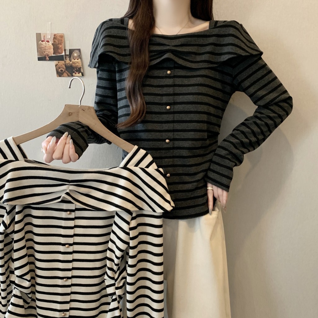 M-4XL ขนาดใหญ่ ~ ฤดูใบไม้ร่วงฤดูหนาว Classy สแควร์คอจีบออกแบบ Stripes Slim-fit Slimmer ดูเสื้อยืดแขนยาวด้านบน