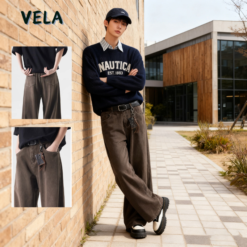 VELA-กางเกงยีนส์ผู้ชาย สไตล์อเมริกัน สีน้ำตาล ทรงหลวมขาตรง