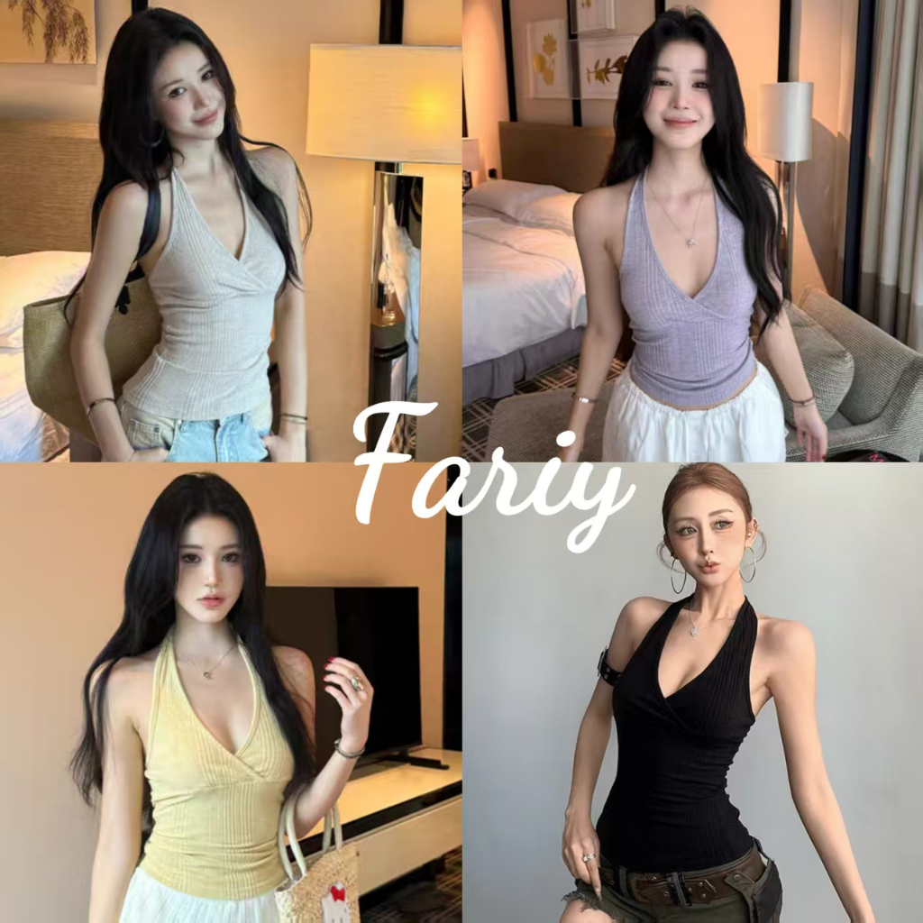 Fariy🍒คลังสินค้าพร้อม🍒 เสื้อกั๊กคอวีแขนกุดสุดเซ็กซี่สำหรับผู้หญิงในช่วงฤดูร้อนปี 2025 เสื้อถักสั้นเข้ารูปแบบใหม่