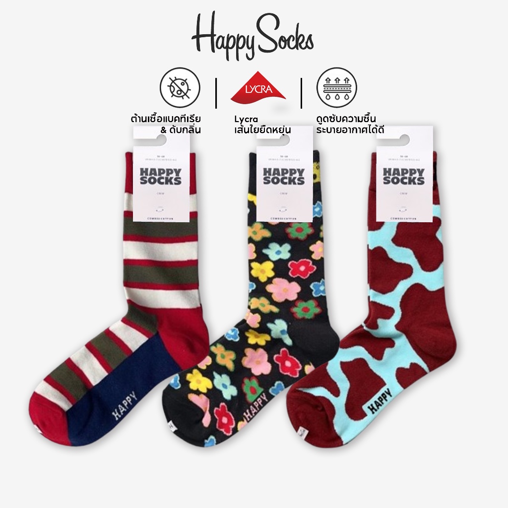 Happy Socks ถุงเท้าครึ่งน่องผ้าฝ้ายลายน่ารักสำหรับผู้หญิง ลวดลายดอกไม้