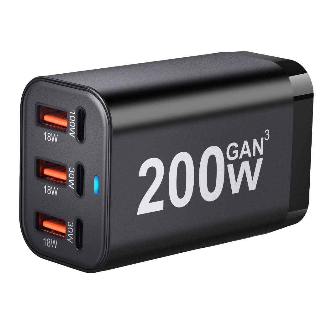 เครื่องชาร์จตั้งโต๊ะ GaN 200W พร้อมพอร์ตเอาต์พุตหลายตัว เครื่องชาร์จ GaN 3C3A