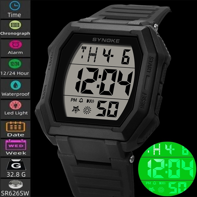 Synoke Mens นาฬิกาดิจิตอลพร้อมนาฬิกาปลุก LED ว่ายน้ํากันน้ํา Chronograph แฟชั่น 24 ชั่วโมงเวลากีฬาทหาร