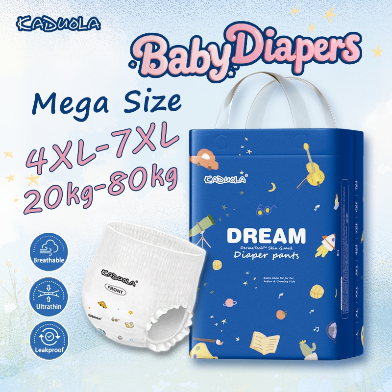 กางเกงผ้าอ้อม Kaduola ไซซ์ใหญ่ 5XL / 6XL / 7XL — แบบดึงขึ้น แกนซึมซับสูง ป้องกันรั่วซึม เหมาะสำหรับทารกตัวใหญ่ เด็กวัยหัดเดิน ผู้ใหญ่ และใช้ระหว่างมีประจำเดือน เนื้อผ้านุ่มพิเศษ ปราศจากสารก่