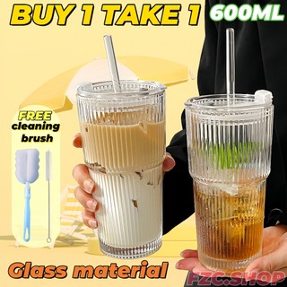 ✅TOP.1✅Stripe Glass Coffee Cup With Lid and Straw Transparent Drinking Glasses for Juice Milk Tea Cups Iced Coffee Mugs Drinkware
