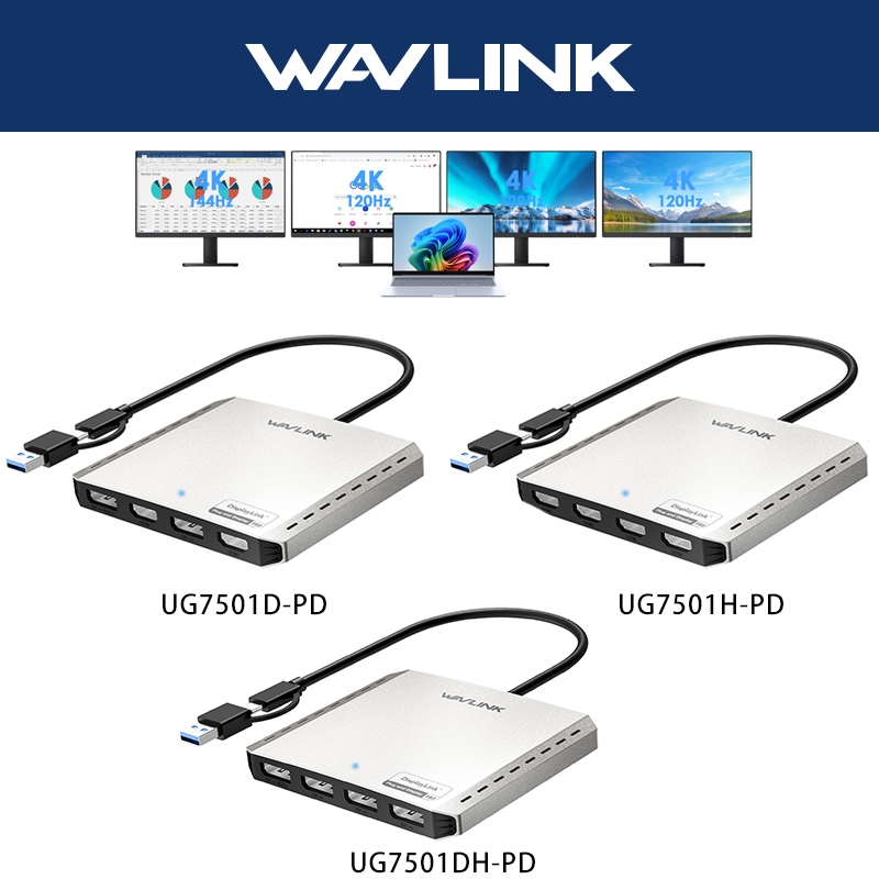 WAVLINK Quad 4K Universal Display Adapter DL7400 DisplayLink พร้อม 85W PD สําหรับ Intel/M1/M2/M3/M4 