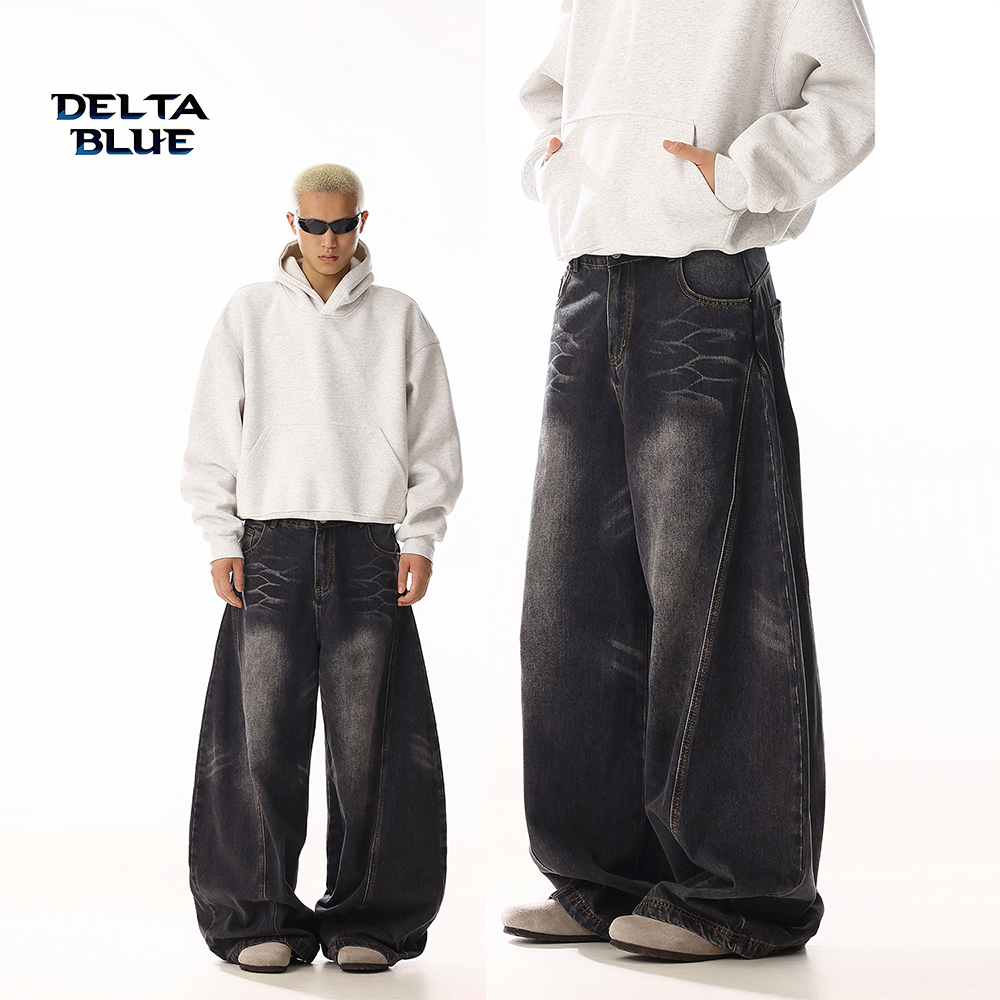 DELTA BLUE กางเกงยีนส์ผู้ชายทรงมีดโค้งหลวม ผ้ายีนส์นุ่มฟอก ไม่คันขา สไตล์วินเทจสตรีทอเมริกัน  ไม่รัดเอว ซ่อนสะโพกขาใหญ่ ไม่ยับง่าย