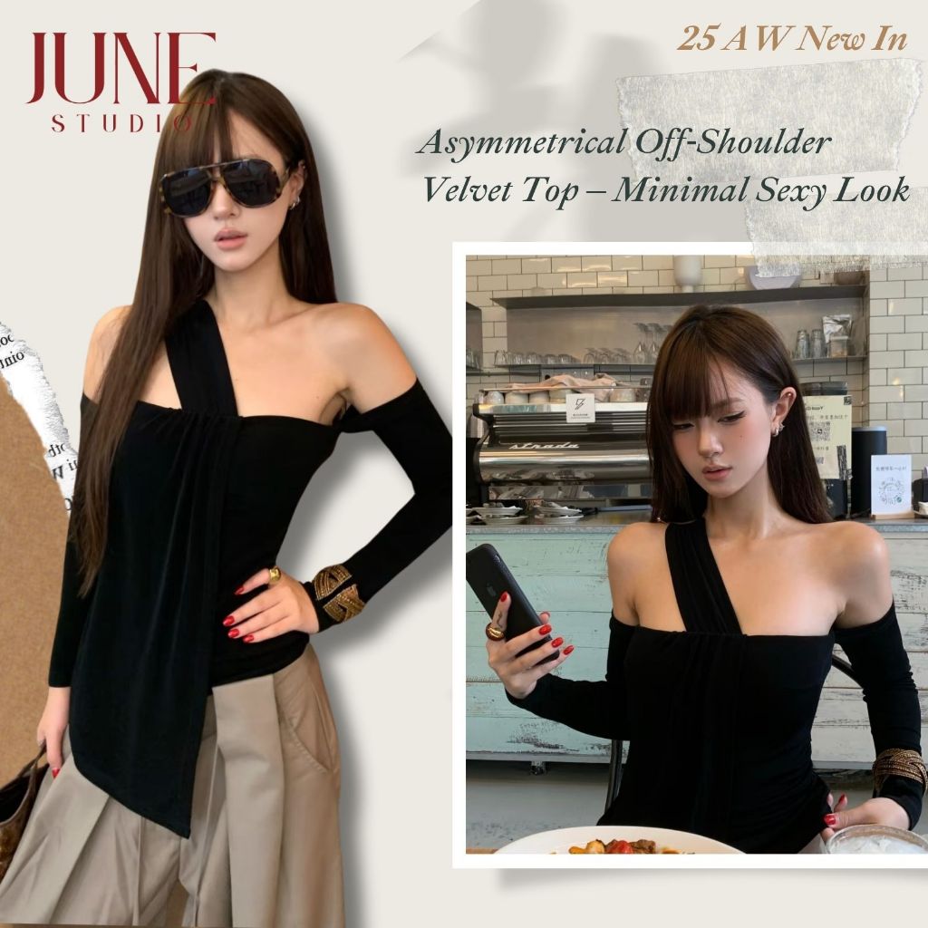 [June Studio] เสื้อสเวตเตอร์เปิดไหล่ย้อนยุคฝรั่งเศสสีดําฤดูใบไม้ร่วงการออกแบบเฉพาะความรู้สึกไม่สมมาต