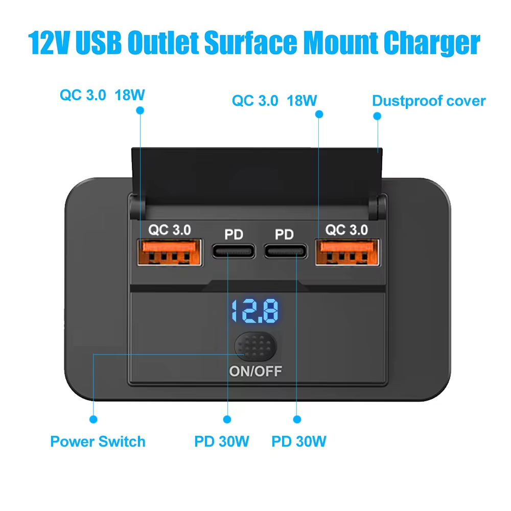 🚀ท้องถิ่น🚀12V 24V 4 พอร์ตรถ Charger ซ็อกเก็ตอะแดปเตอร์พร้อมสวิตช์ PD QC3.0 กันน้ํา 2/3/4 พอร์ตชาร์จ Splitter Outlet สําหรับ Bus RV ATVTruck เรือ - รูปที่ 7