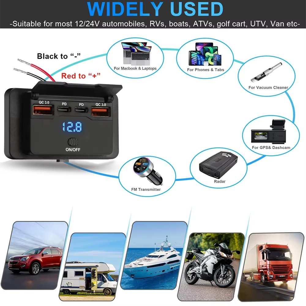 🚀ท้องถิ่น🚀12V 24V 4 พอร์ตรถ Charger ซ็อกเก็ตอะแดปเตอร์พร้อมสวิตช์ PD QC3.0 กันน้ํา 2/3/4 พอร์ตชาร์จ Splitter Outlet สําหรับ Bus RV ATVTruck เรือ - รูปที่ 6