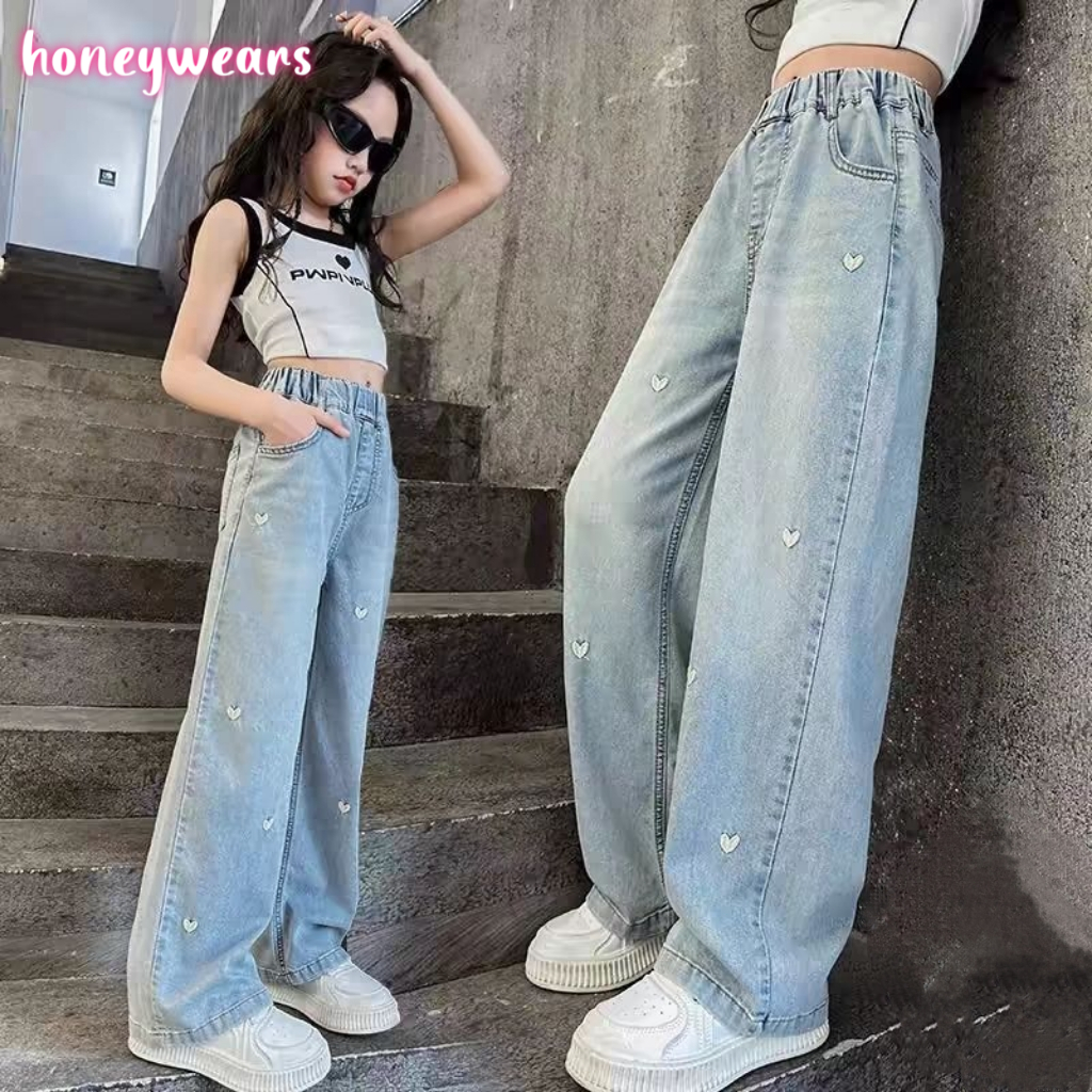 honeywears⚡พร้อมส่ง⚡กางเกงขากว้างเด็กผู้หญิง กางเกงยีนส์เด็ก แฟชั่นฤดูร้อน นุ่ม สบาย สีสวย รูปแบบรูปหัวใจน่ารัก ไซส์ 110-160