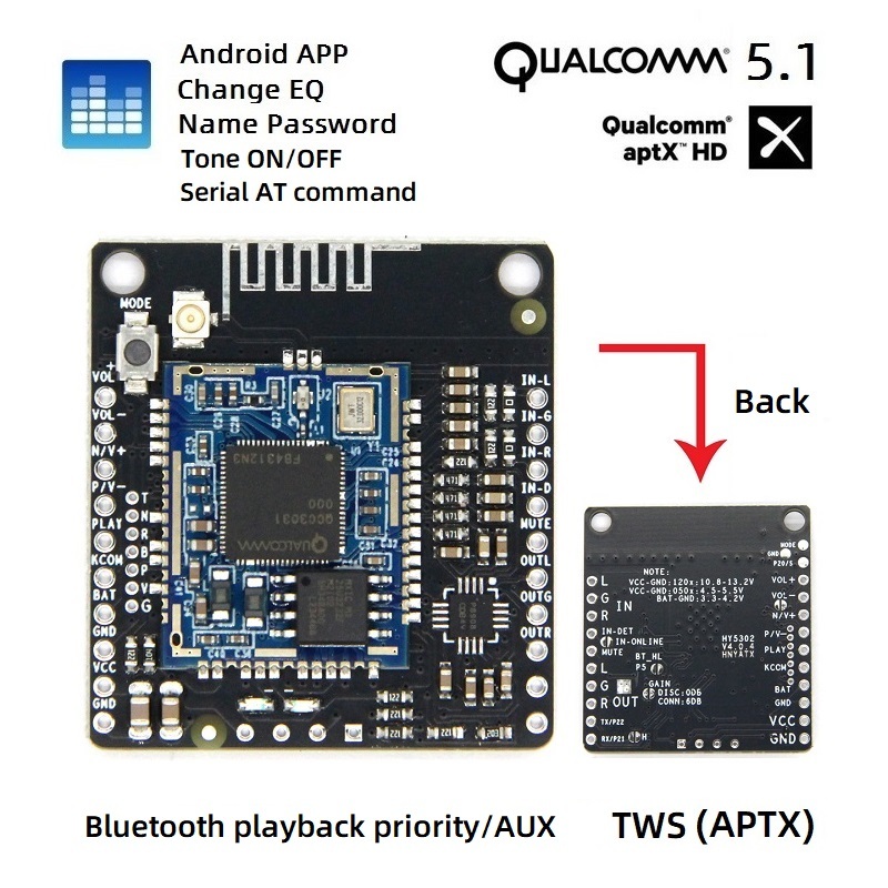 APP เปลี่ยนชื่อรหัสผ่าน EQ Bluetooth 5.1 Qualcomm QCC3031 lossless APTXHD พร้อมกล่องคู่ AUX แอมป์ TW