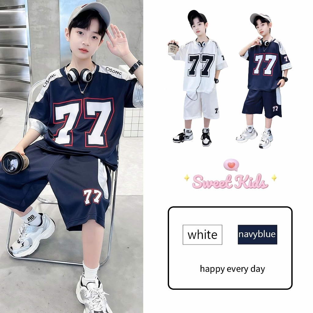 SweetKids พร้อมส่งจากกทม🌸ชุดกีฬาเด็กชาย🍓ชุดสองชิ้นเด็ก แขนสั้น+กางเกงขาสั้น งานสกรีนลายตัวอักษรหล่อ แห้งเร็ว ระบายอากาศได้