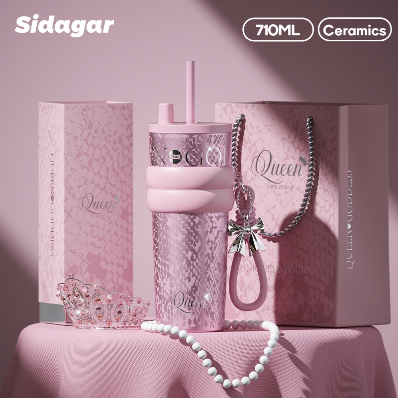 Sidagar กระบอกน้ำเก็บอุณหภูมิ กระติกน้ำ 316L พร้อมการเคลือบเซรามิก - ความจุ 710 มล. ลวดลายนูน 3D มีหลอดดื่มน้ำ Tritan ปิดแน่นไร้รอยรั่ว ตัวแทนของขวัญสุดหรู