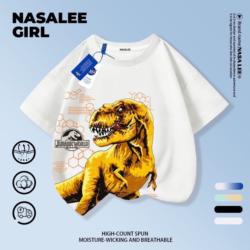 【ส่งในวันเดียวกัน】เสื้อยืด NASA สำหรับเด็ก ผ้าฝ้ายขาว ระบายอากาศดี ลายไดโนเสาร์สุดเท่ 3-16 ปี ชาย-หญิง แฟชั่นสวมใส่สบาย