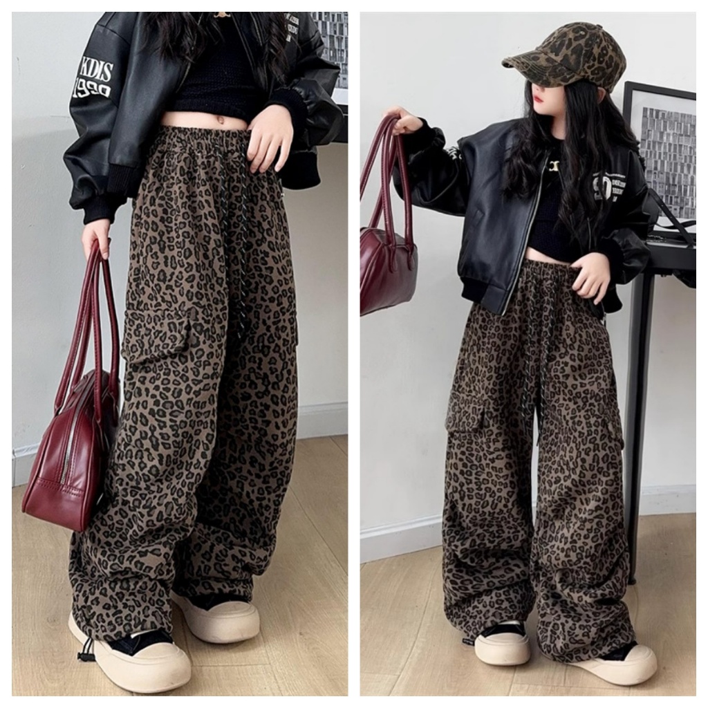 130-160cm กางเกงคาร์โก้เด็กผู้หญิง Cargo Pants for Kids Girls กางเกงเด็กผู้หญิง เวอร์ชั่นเกาหลี แฟชั่น เอวยางยืด สีน้ำตาล กระเป๋าหลาย