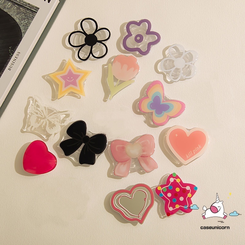 Creative Glossy 3D Love Heart ผีเสื้อดอกไม้ Tulips น่ารัก Bowknot Star ผู้ถือโทรศัพท์ขาตั้งพับนิ้วมือโทรศัพท์ Grip การ์ตูน Universal Scalable Bracket