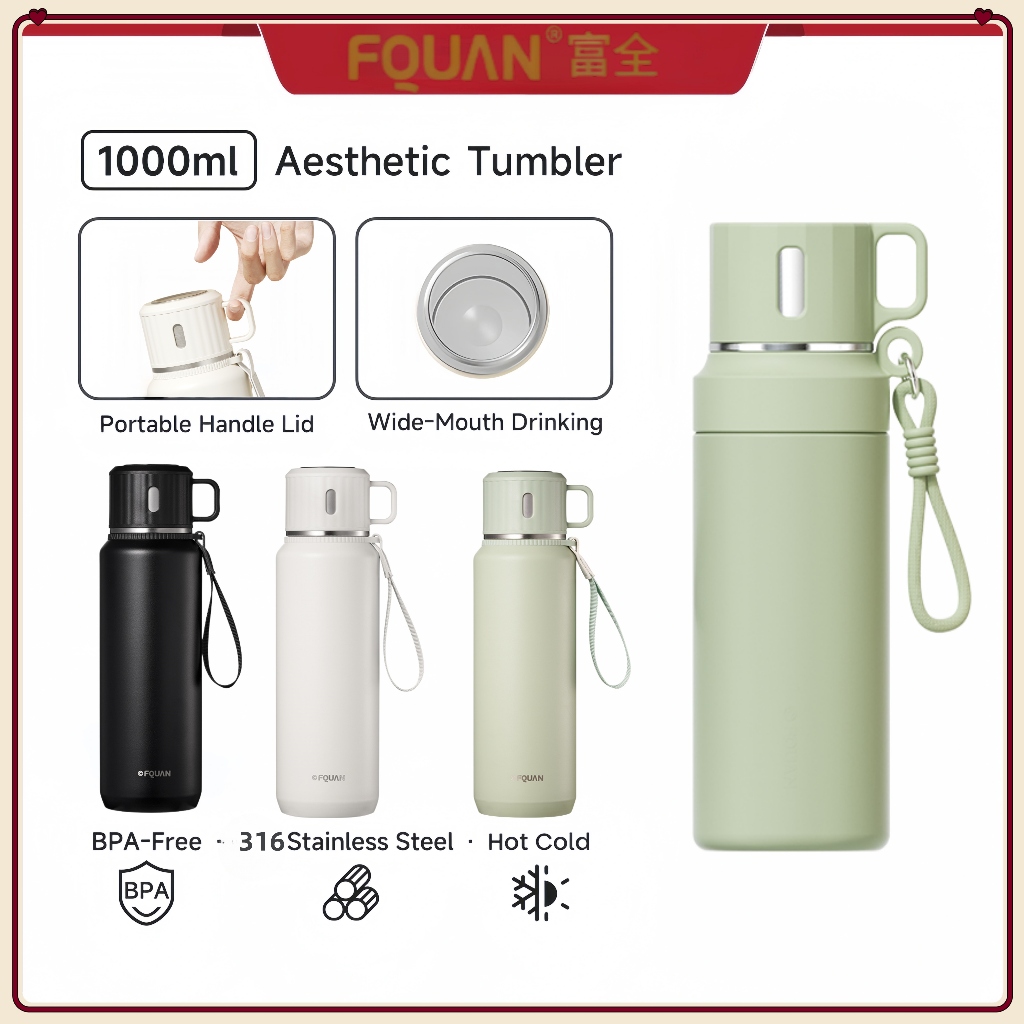 FQUANขวดน้ำสแตนเลส 316 กระบอกน้ำเก็บร้อน-เย็น มีหลอดในตัว ขวดน้ำเก็บอุณหภูมิ 600ML 800ML 1000MLStain