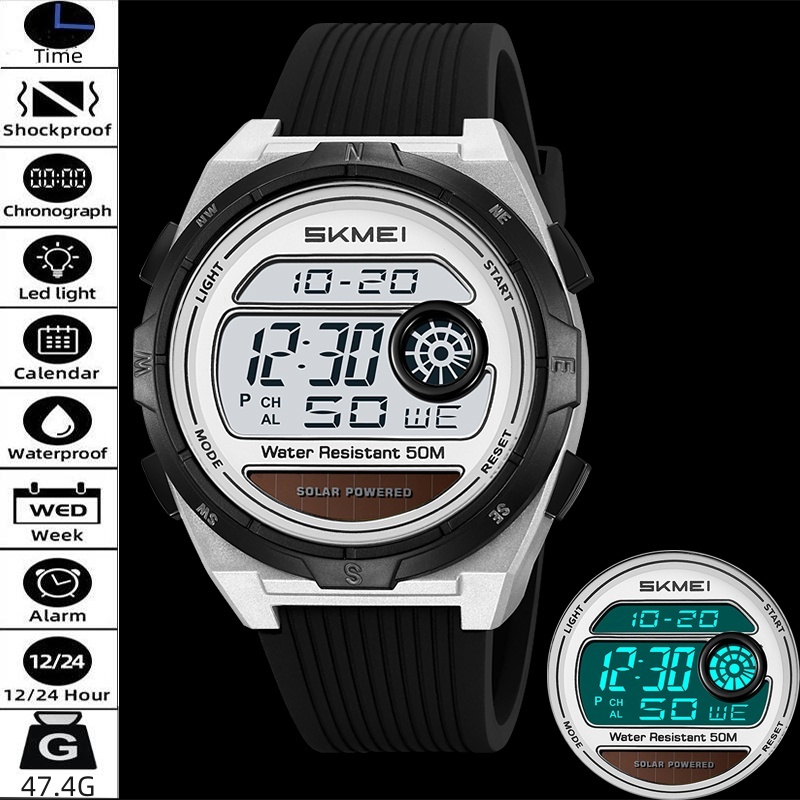 Skmei Mens Solar Digital นาฬิกาแฟชั่นสายรัดซิลิโคน 50m ว่ายน้ํากันน้ําเวลากีฬา 1