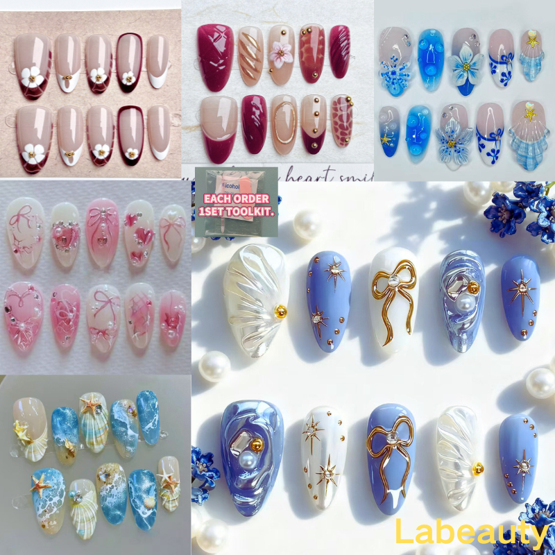 10 ชิ้นฤดูร้อนใหม่ Handmade 3D เล็บปลอม Ocean Shell สวมใส่เล็บ y2k Art เล็บ 4IN1 เครื่องมือ