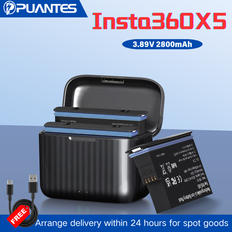 PUANTES Insta360 X5 แบตเตอรี่ 2800MAH+เคสชาร์จเร็ว USB เหมาะสําหรับกล้องกีฬาแบบพาโนรามา 360X5