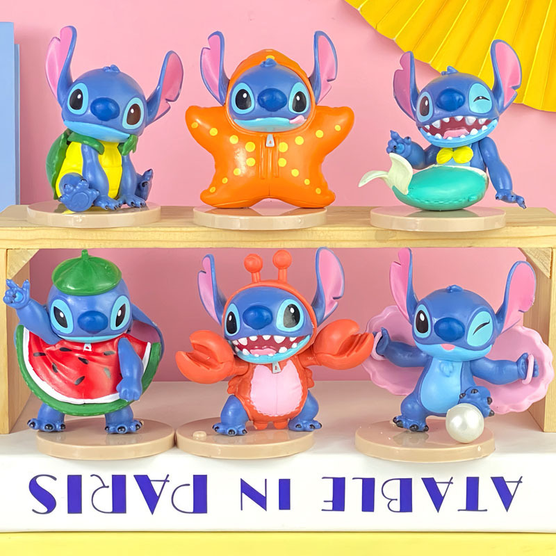 6Psc 8 ซม.Lilo & Stitch อะนิเมะตัวละคร Seafood คอสเพลย์ Stitch แตงโม Crab ปลาดาว Mermaid รุ่น Q PVC 